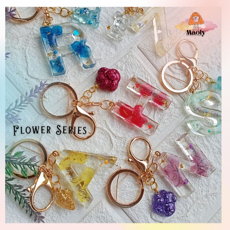 Flower Letter Keychain Resin Gantungan Kunci Huruf Ganci Custom Nama Huruf Kado Hadiah Sovenir Hangtag Hampers