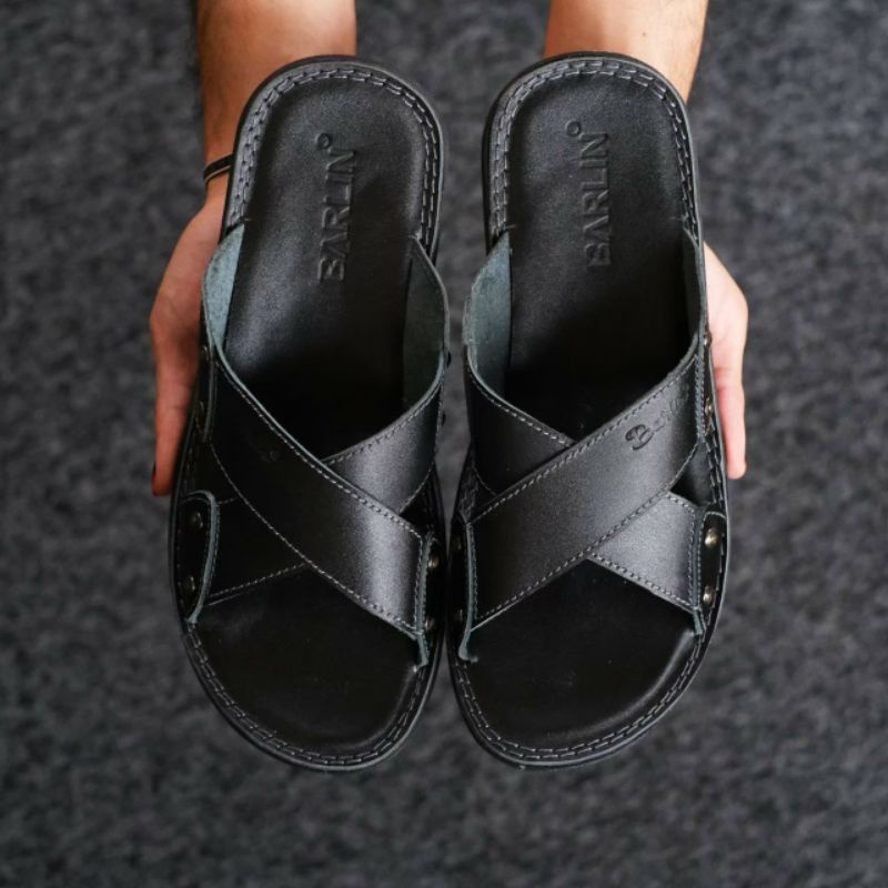 BRLN 003 Black Sandal Pria Casual Kulit Asli Terbaru Sendal Slide Selop Santai Harian Warna Hitam