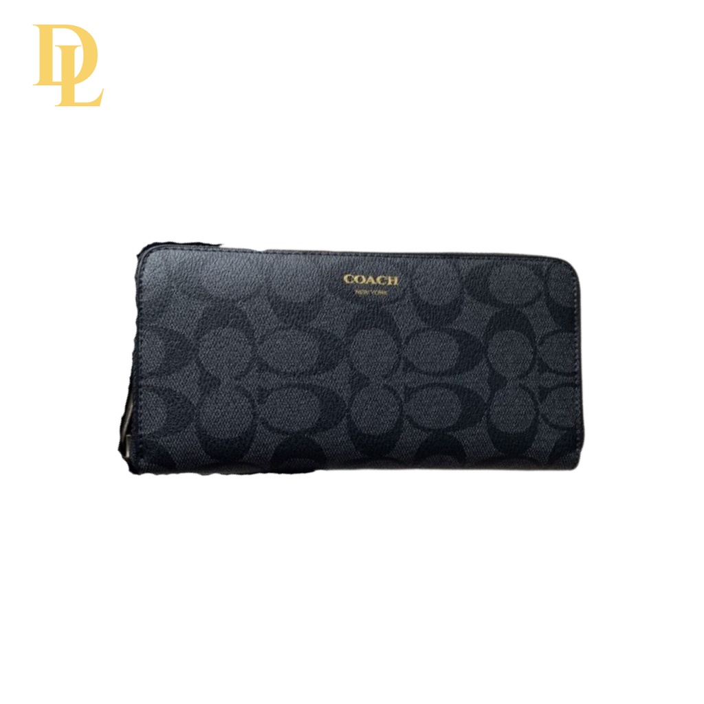 Coach Accordion Long Wallet Zipper Black Signature With Logo