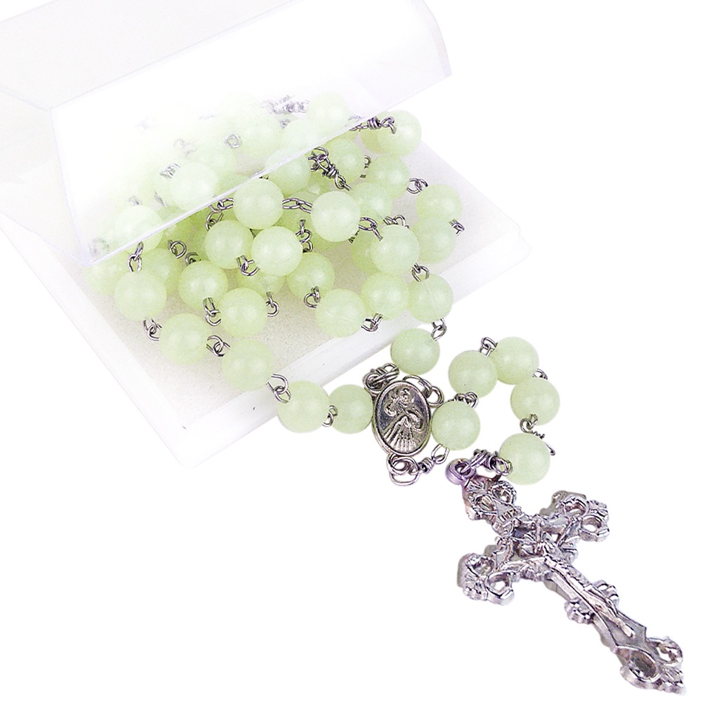 Rosario Maria Kalung Manik Mote Fosfor Bulat 8 mm Harces Salib Logam Glow in The Dark Menyala