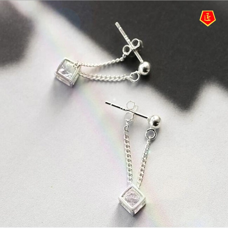 [Ready Stock]925 Silver Hollow Rubik's Cube Diamond Stud Earrings for Women