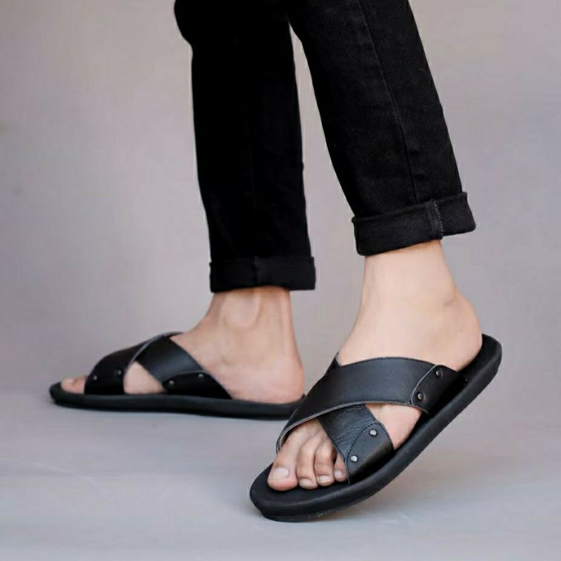 XMIN | Sandal Kulit Pria Murah Sendal Slide Slop Santai Kasual Formal