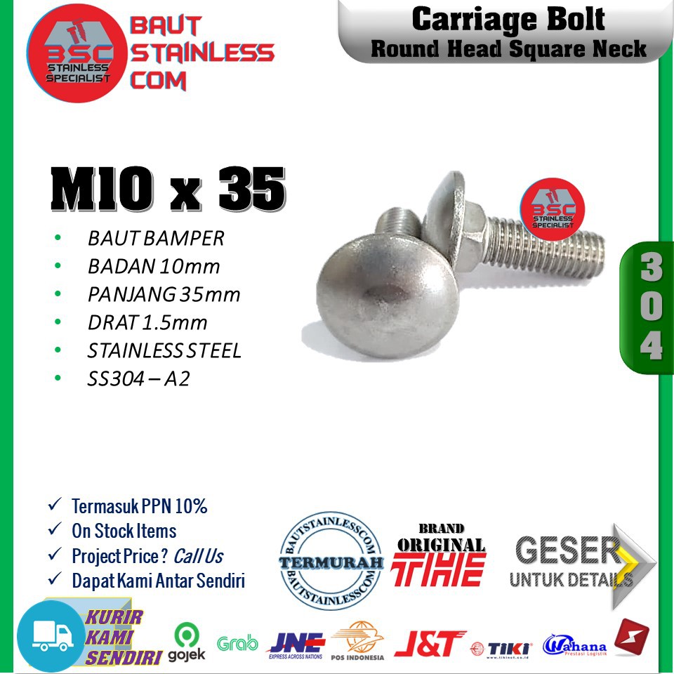 Carriage Bolt Baut Bemper Payung Stainless Ss304 A2 M10x35