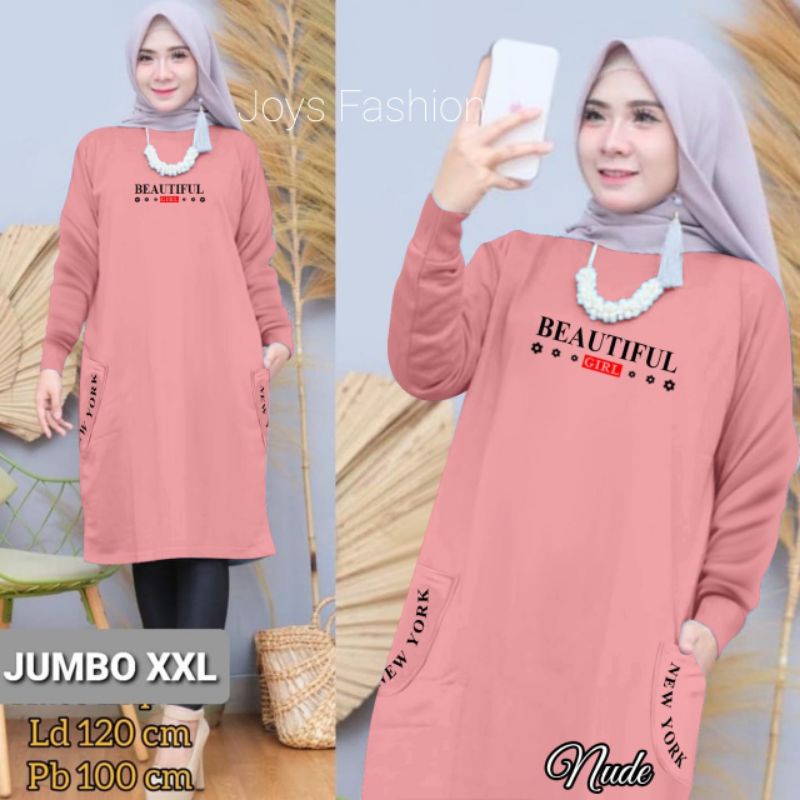 JF Tunik Kaos Wanita Lengan Panjang Jumbo Babyterry Xxl Dewasa Terbaru BEAUTIFUL LD 120 PJ 100