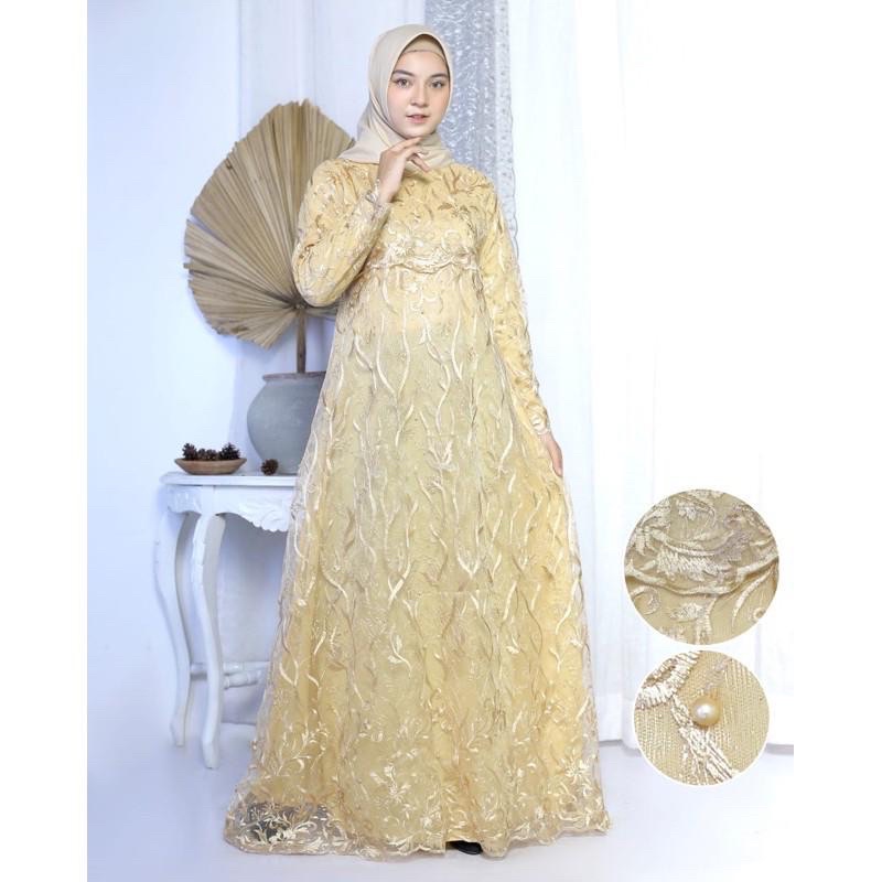 arimbi sanghai dress,dress brukat tile,gamis brukat tile,gamis pesta