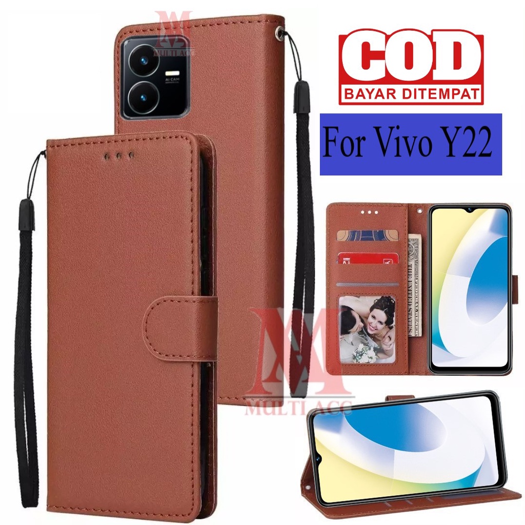 VIVO Y22 Leather Flip Cover Wallet Case Kulit - Casing Dompet Case Wallet Leather Flip Case VIVO Y22
