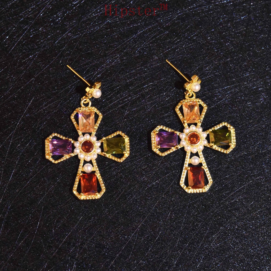 New Fashion Personalized Color Diamond Cross Stud Earrings