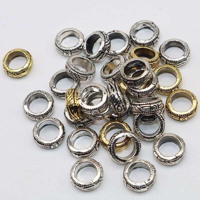 50pcs / lot Manik-Manik Roda Spacer Lubang Besar 9mm Warna Silver Gaya Vintage Untuk Membuat Perhiasan Gelang