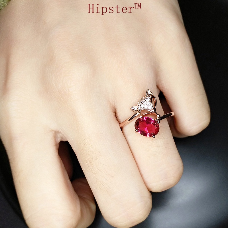 Fashion Trend Luxury Temperament Fox Inlaid Red Crystal Adjustable Ring