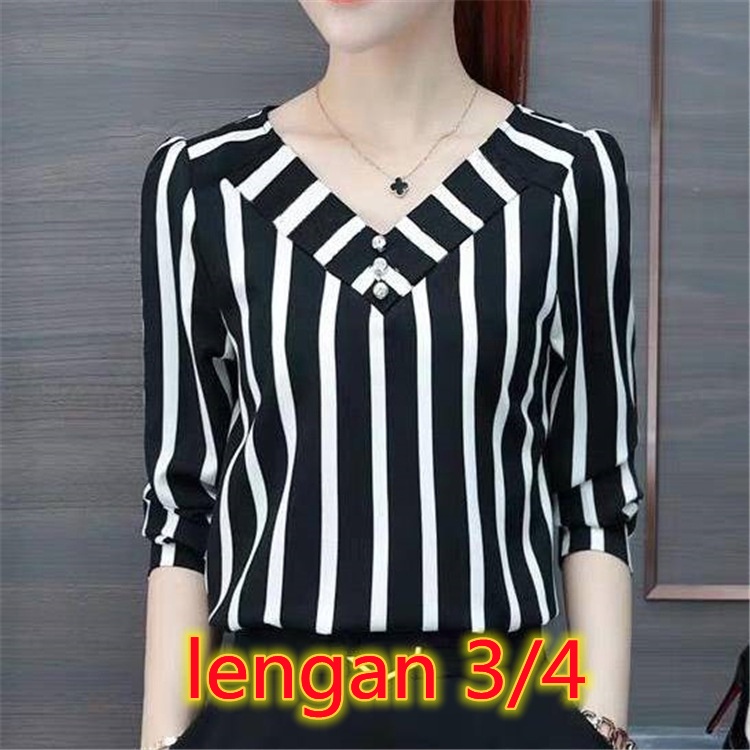 NEW Blus Wanita Fashion Lengan Pendek Slim Fit Bergaris V-Neck Sifon Pakaian Atasan S-3XL