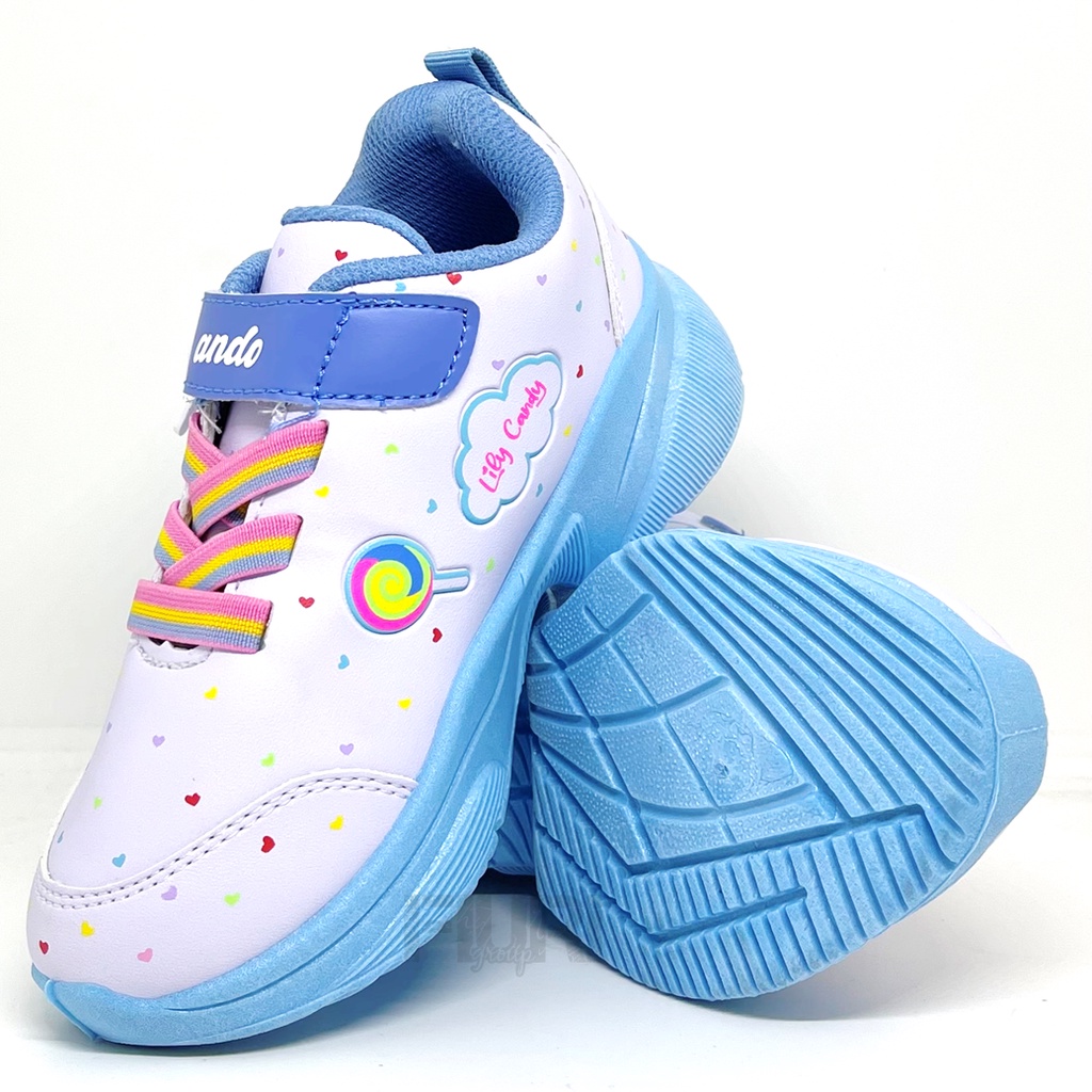 FIURI - ANDO ORIGINAL -  LILY CANDY PEREKAT 29-32 PUTIH BIRU UNGU PINK  - SNEAKERS KANVAS SOL KARET ANAK KECIL PEREMPUAN  - SEPATU PERMEN LOLIPOP KETS LUCU FASHION TRENDY - SEPATU SEKOLAH PAUD TK KRETEKAN PEREKAT CEWEK MURAH PROMO DISKON BONUS KAOS KAKI