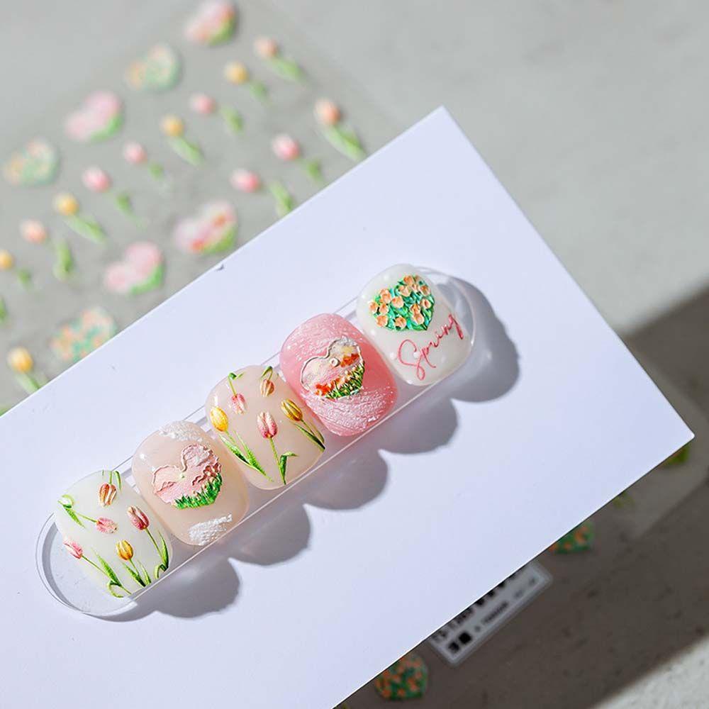 Mxbeauty 3D Kuku Seni Stiker Salon Lucu Perekat Diri Decal Cinta Hati Tulip DIY Manicure Aksesoris Kuku Foil Decals