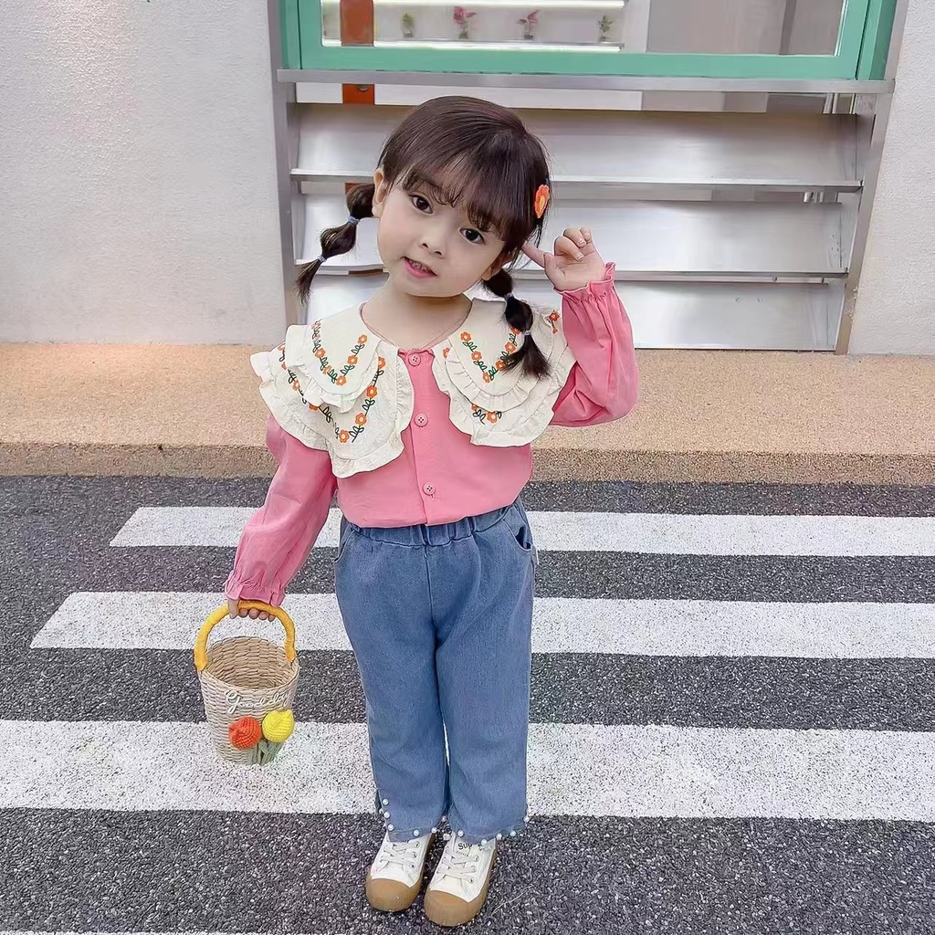 Pakaian Anak Perempuan Import Set Anak Terbaru Premium Motif Floral Blouse + Celana Jeans Panjang Import