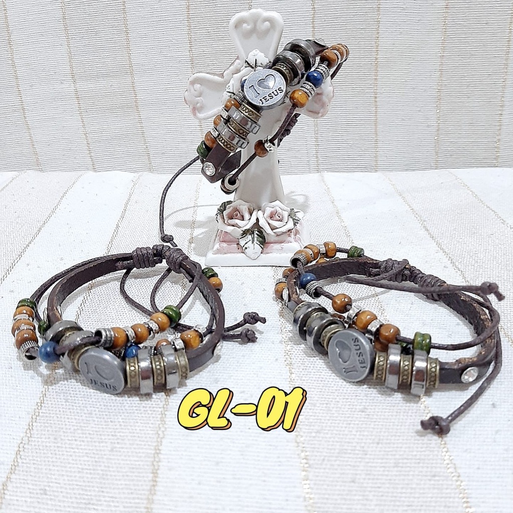 Gelang Tulisan I LOVE JESUS Bahan Tali Kulit Yang Dapat Diatur GL-01