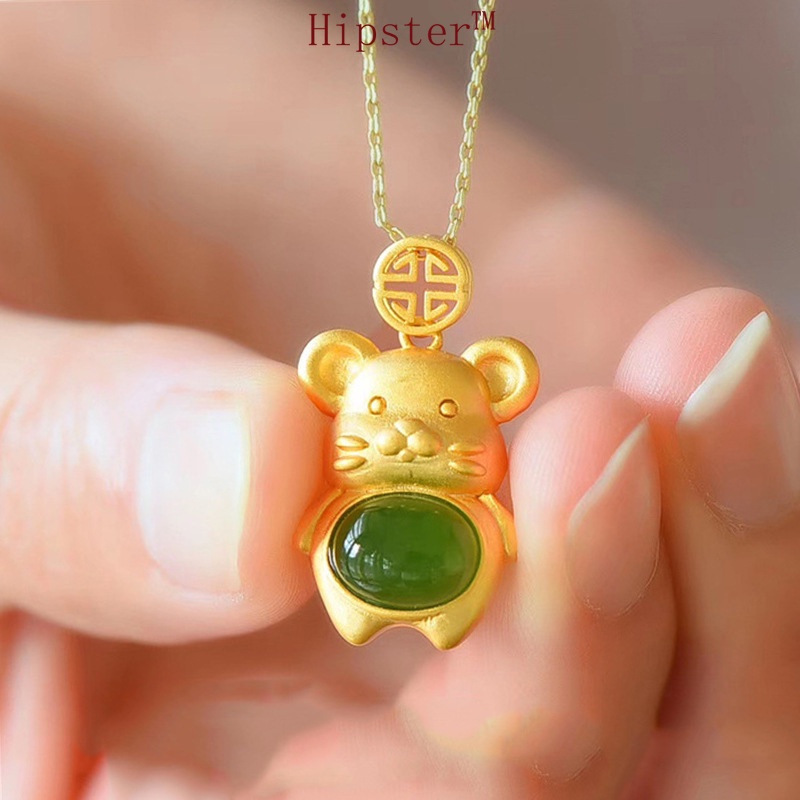 Hot Selling Cute Mouse Pattern Natural Green Treasure Jade Pendant Necklace
