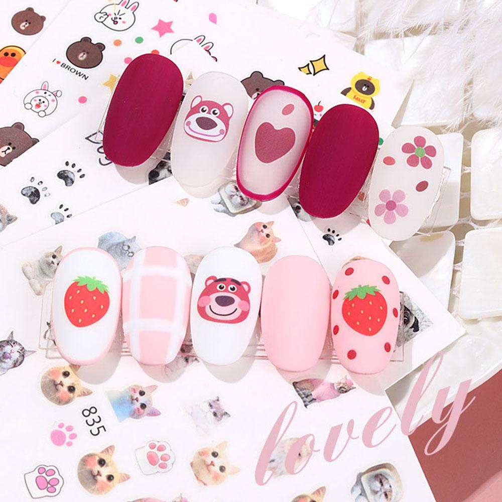 [Elegan] Stiker Kuku Wanita Kartun Bebek Kuning Kecil Strawberry Beruang Cakar Kucing DIY Nail Decals