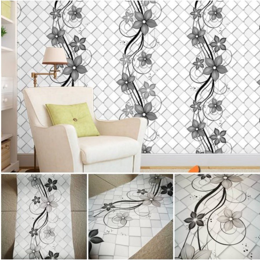 Wallpaper Dinding Stiker Motif Bunga Hitam Silver Ukuran 45 cm x 10 m