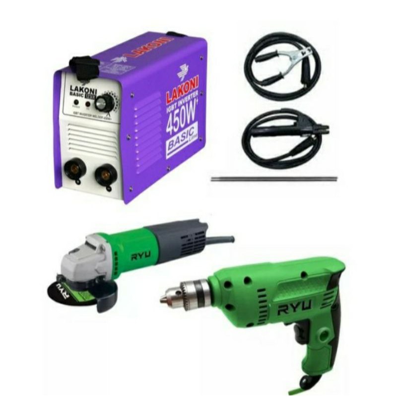 Paket Mesin Las Lakoni 450w + Bor Ryu 10mm + Gerinda Ryu 4"