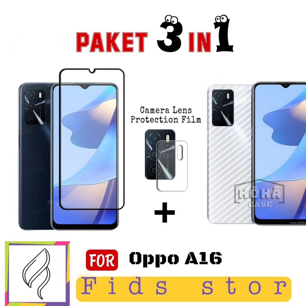 PROMO 3in1 Tempered Glass Oppo A16 Tempered Glass Camera Free Garskin Carbon - Fids Store