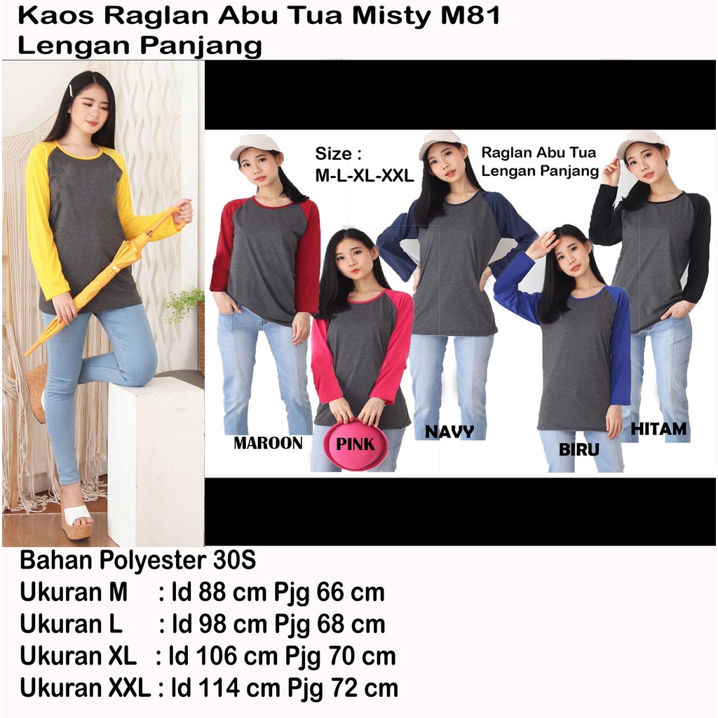 Kaos raglan Abu Tua polos | Lengan Panjang | Ukuran M-L-XL-XXL