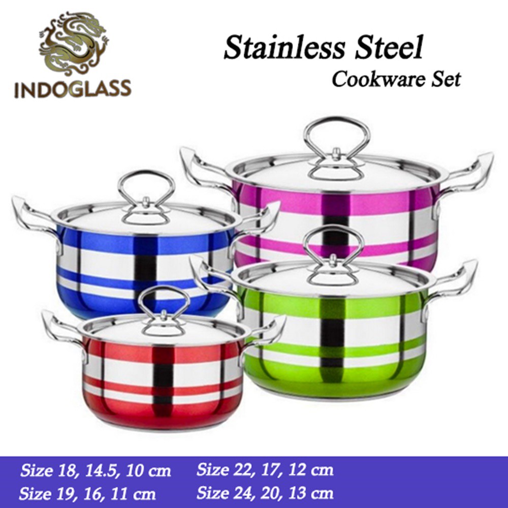 Panci Cookware Set stainless steel isi 4 pcs + Tutup Corak Garis - Warna