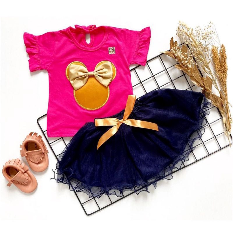 [0-18M] FREE BANDO !! Setelan Rok tutu gotik fashion anak bayi perempuan Pink Tutu TSUM TSUM POMPOM MINNIE MOUSE FREE BANDO/ hampers gift baby girl / setelan rok tutu bayi premium megar