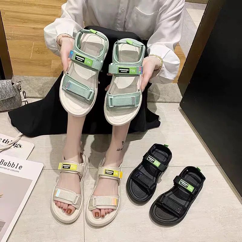 [littlecrab] Sandal Gunung Hitam Putih Hijau Sandal Wanita Berkualitas Tinggi Sandal Tinggi Tali Selop Kasual Korean Style