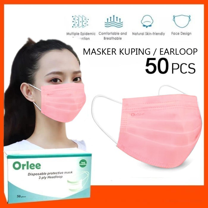 Masker 3 Ply 3Ply Earloop kait Kuping Masker bedah Medis kemenkes Orlee Pink isi 50
