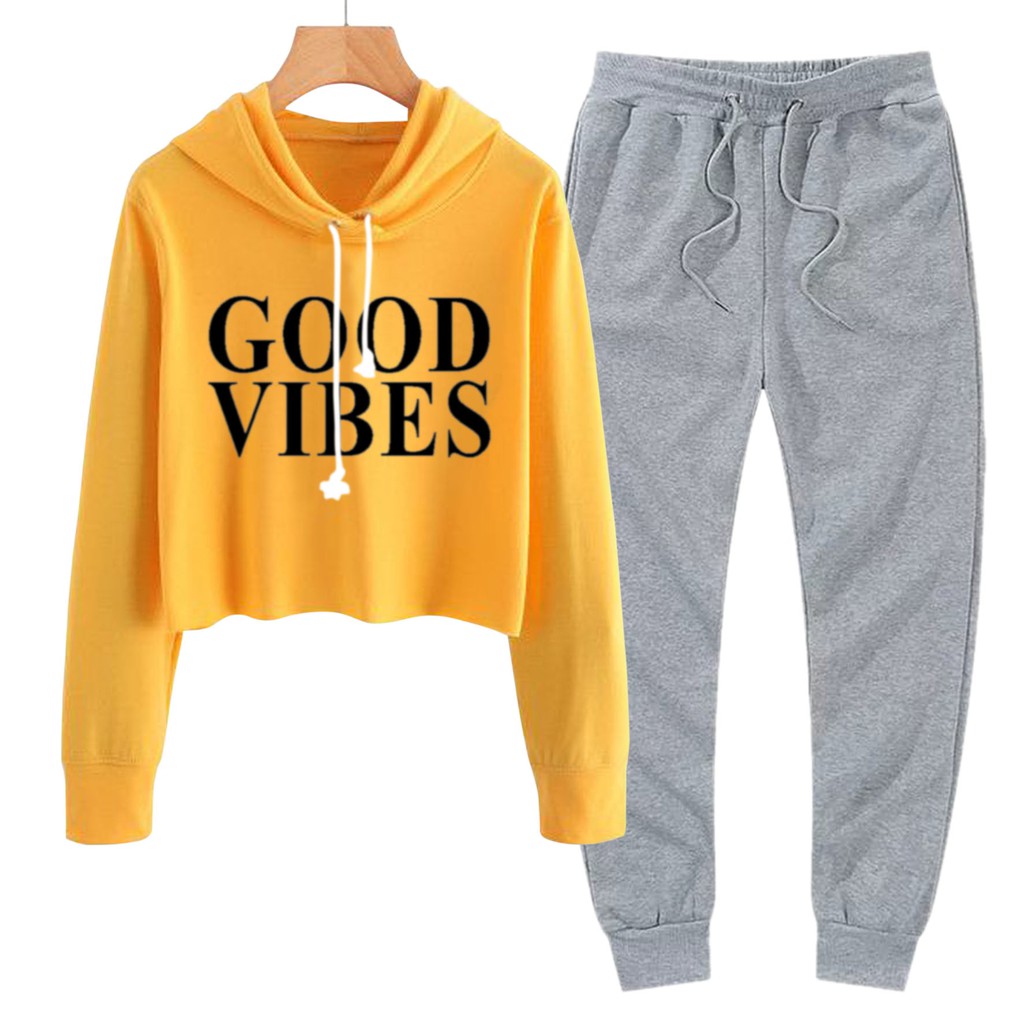 BESS - Baju Setelan Wanita Murah / Setelan Hoodie Crop + Jogger Abu - GOOD VIBE