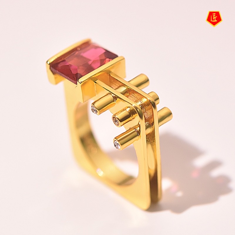 [Ready Stock]Temperament Personality 18K Gold Ruby Geometry Ring