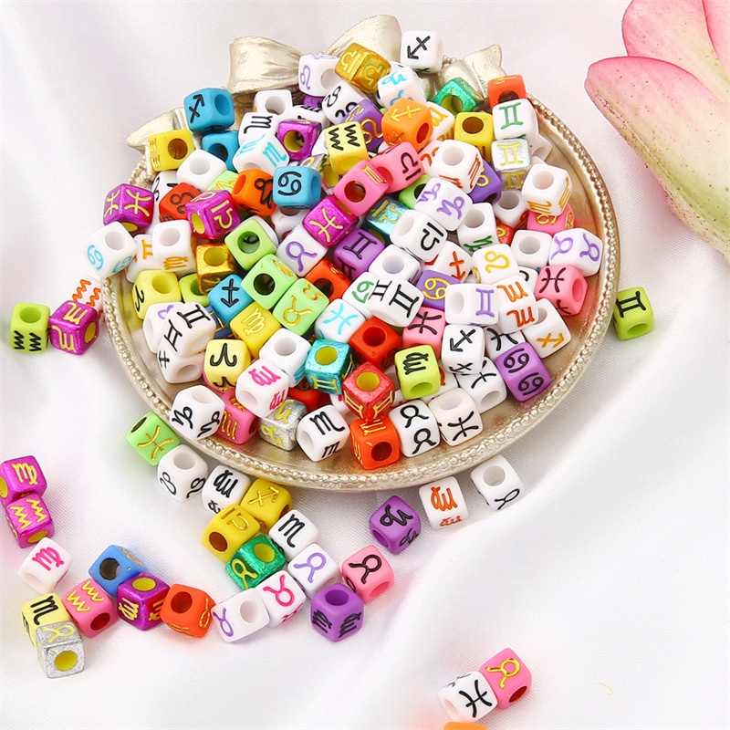 50Pcs/lot 7x7mm Square Acrylic 12 Constellation Letter Alphabet Loose Spacer Beads For Jewelry Making Bracelets Necklaces DIY