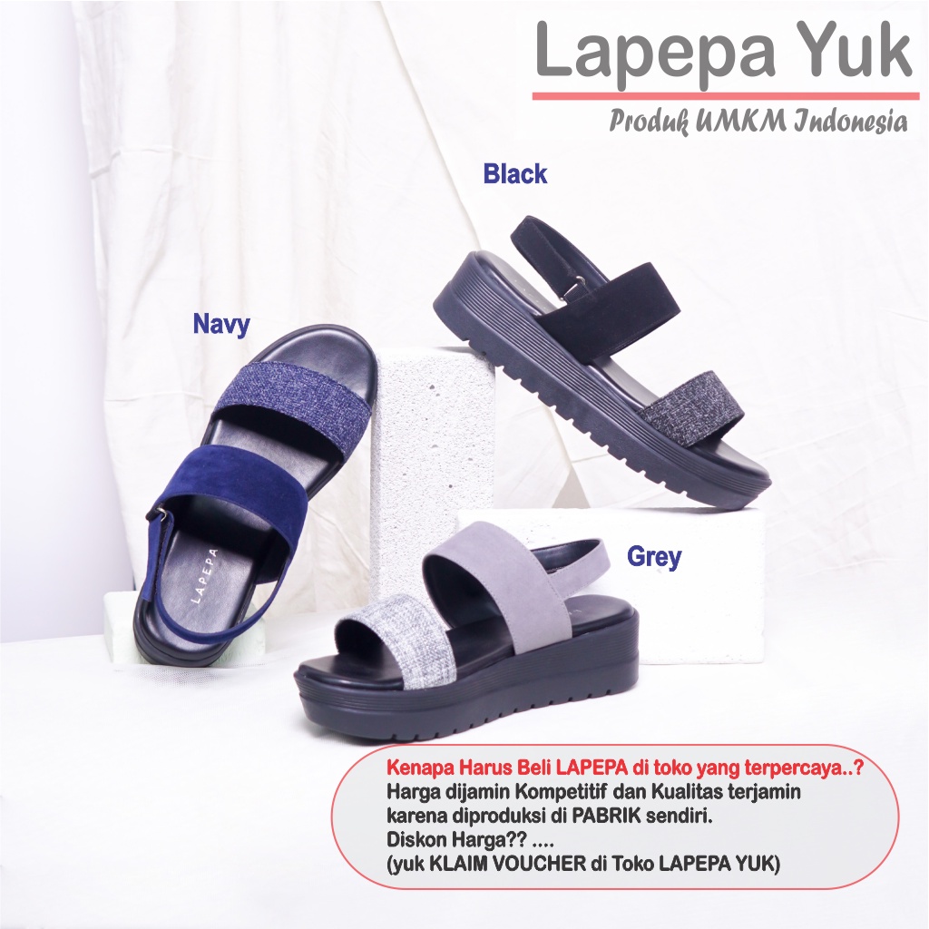 LAPEPA YUK -  Sepatu Sandal Wanita Wedges GHEA Model Ban dua Tali Strap belakang Hak Tinggi Sole 4 cm Spatu Sendal Gunung Cewek  Size 36 37 38 39 40 Warna NAVY  Biru Dongker Cewe Kekinian Premium Terbaru Shoes Ori Original Mall Official Store Promo