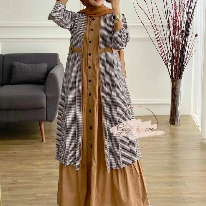 Senja One Set Dress - Gamis outer kotak kotak - Gamis muslim XL - Mocca