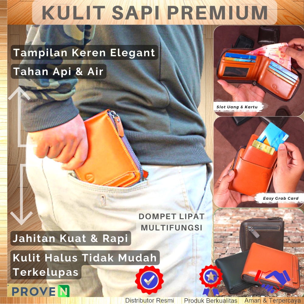 Dompet Kulit Pria Dompet Kartu Pria Lipat Kulit Asli Original Kulit Sapi Asli Resleting Plus Holder Kartu Koin untuk Pria D005 GARANSI ORIGINAL