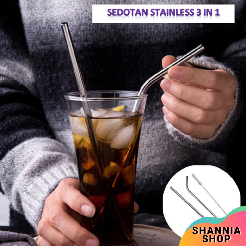 A90 Sedotan Stainless 3 In 1 Reusable Stainless Straw Set Steel + Pembersih