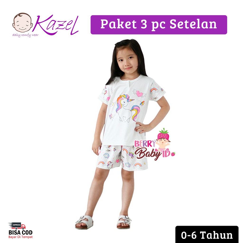 Kazel Set 3 pcs Setelan Pendek Bayi Anak Girl Swan 0-6 Tahun KZL003 Berry Mart