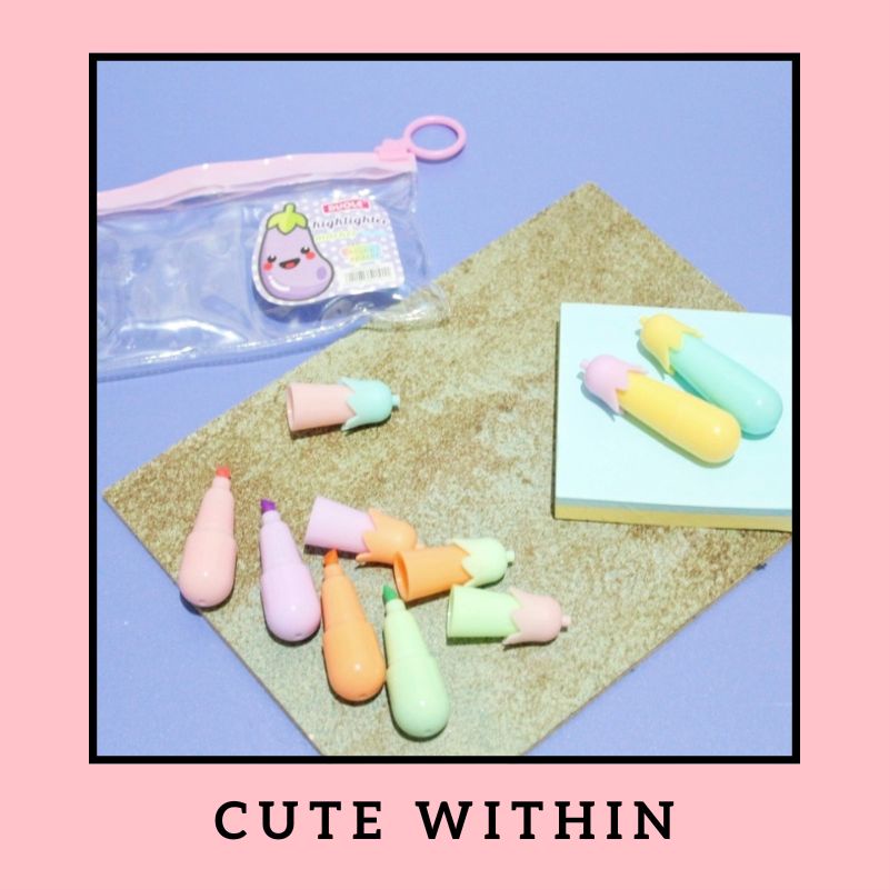 

Highlighter bentuk terong 6 pcs 1 set + pouch gratis - stabilo tumpuk warna warni pewarna penanda catatan alat tulis kantor kerja lucu unik bentuk mainan lucu unik