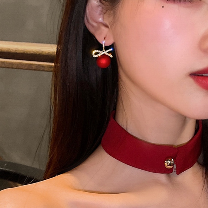 Korean Fashion Red Bow Pendant Paint Rhinestone Love Lady Stud Earrings Earrings Lucky Cute Jewelry Gift Best Accessories for Girlfriend