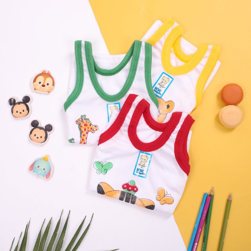 3 Pcs Kaos Dalam BEBE - Singlet Anak Laki Laki / Perempuan - Warna Putih List Warna - Bergambar