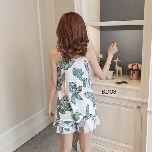 [SIAP KIRIM] SLEEP WEAR BAJU TIDUR IMPORT PIYAMA KOREA BABYDOLL PUTIH MOTIF DAUN BD08