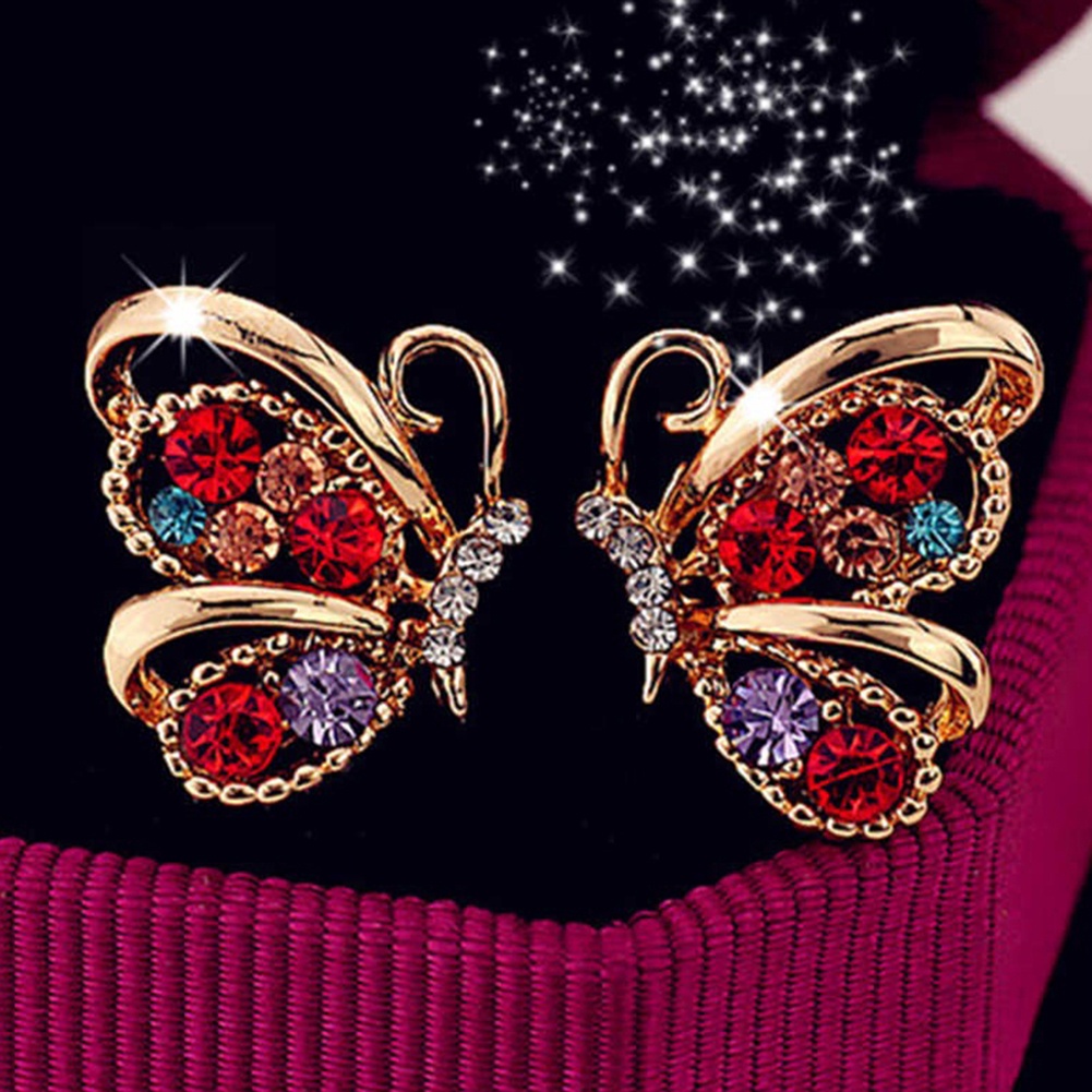 Hu Hu Hu Hu Hu Alat Bantu Pasang Kacamata♡ Anting Stud Bentuk Kupu-Kupu Aksen Berlian Imitasi Untuk Wanita