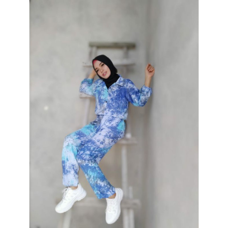 One Set kemeja tiedye lengan panjang