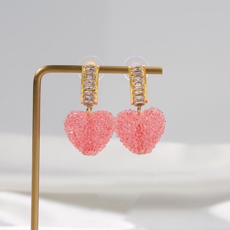 Anting Bentuk Hati Warna Pink Aksen Berlian Imitasi