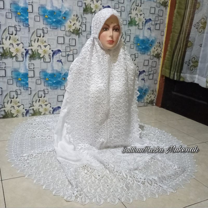 MUKENA MEWAH MUKNAH DEWASA SUTRA PREMIUM PRADA MOTIF BORDIR TERBARU 2021 TELEKUNG PUTIH JILBAB RUKUH