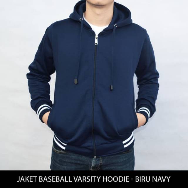 [BIG SIZE] Jaket Polos Baseball Varsity Hoodie Biru Navy & Hitam