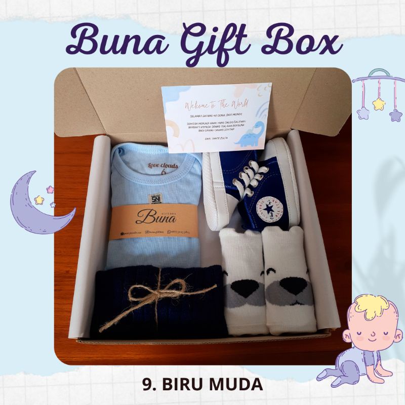 Buna Giftbox / Hampers Bayi / Kado Bayi / Parcel Bayi / Kado Bayi Laki Laki / Kado Bayi Perempuan / Parsel Bayi / Baby gift / Baby Gift Set / Gift Box / Hampers Newborn / Elmer Living-9. BIRU MUDA