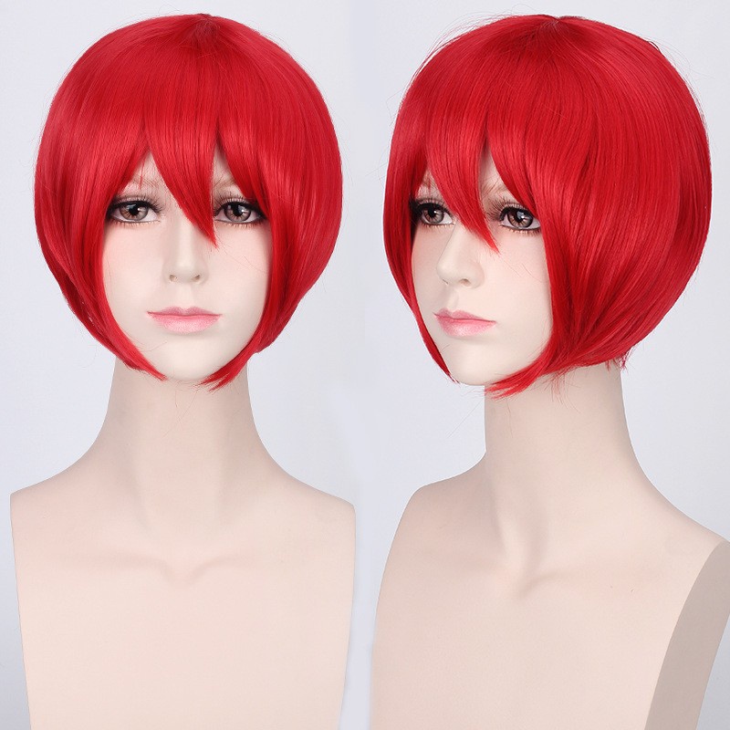 K047-8 DARK RED wig base cowok pendek cosplay rambut palsu 30 cm hitam abu daily