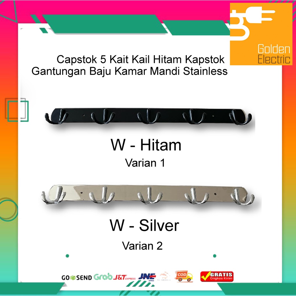 Capstok 5 Kait Kail Hitam Kapstok Gantungan Baju Kamar Mandi Stainless Steel Kaitan WC Handuk Celana Anti Karatan