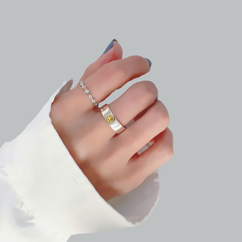 【Ready stock】Cincin titanium wanita anti karat asli tidak luntur Cincin Unisex Smiley Korea Aksesoris Cincin Terbuka Multilayer Retro fashion murah COD