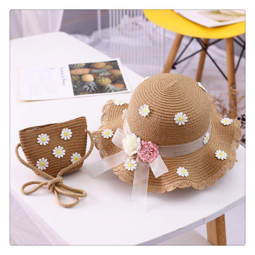 NEW Set Topi dan tas anyam motif bunga daisy